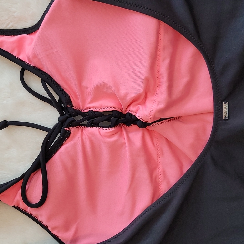 Pink Victoria’s Secret Black Tie Front One Piece Swimsuit Size Medium - Picture 8 of 11